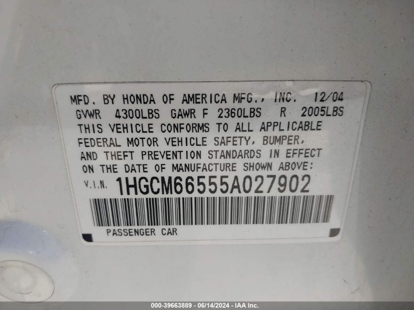 2005 Honda Accord 3.0 Ex VIN: 1HGCM66555A027902 Lot: 39663889