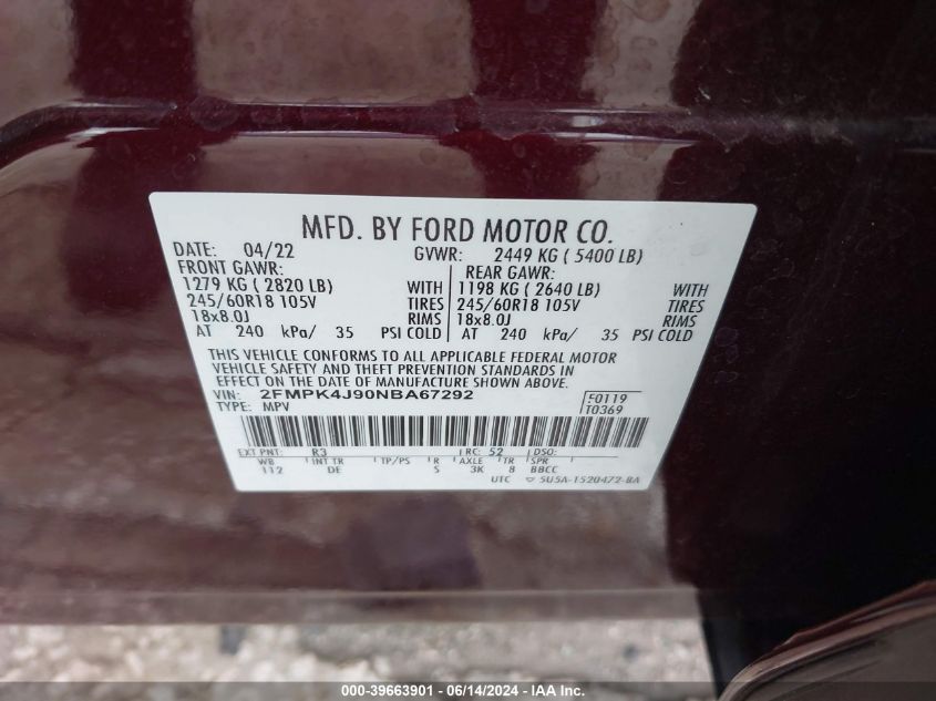 2022 Ford Edge Sel VIN: 2FMPK4J90NBA67292 Lot: 39663901