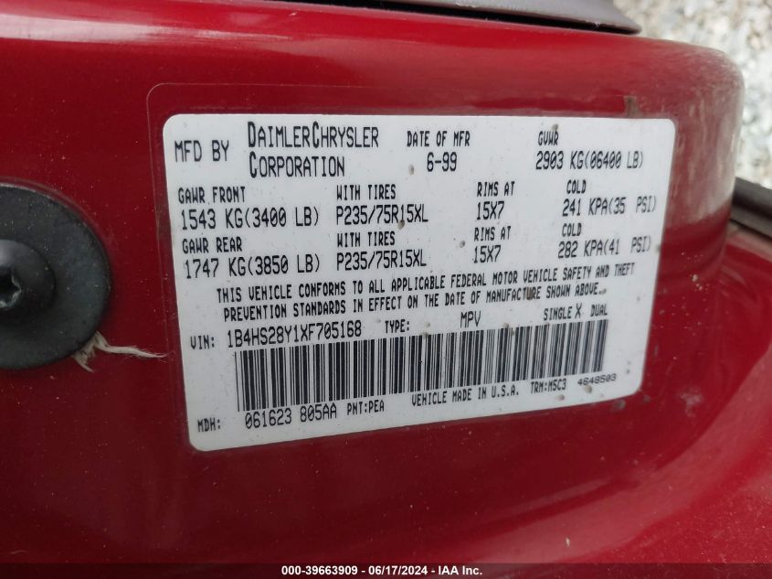 1999 Dodge Durango VIN: 1B4HS28Y1XF705168 Lot: 39663909
