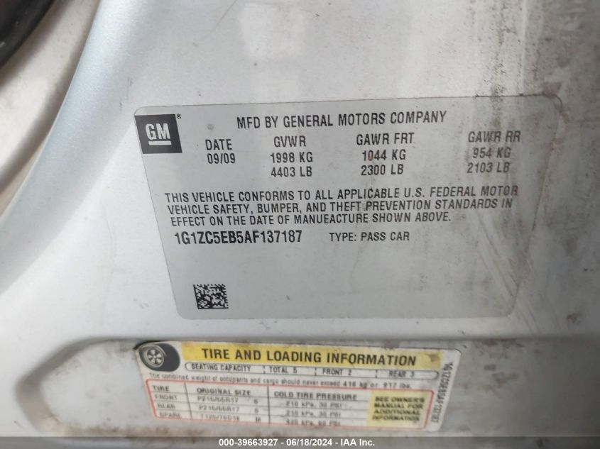 2010 Chevrolet Malibu Lt VIN: 1G1ZC5EB5AF137187 Lot: 39663927