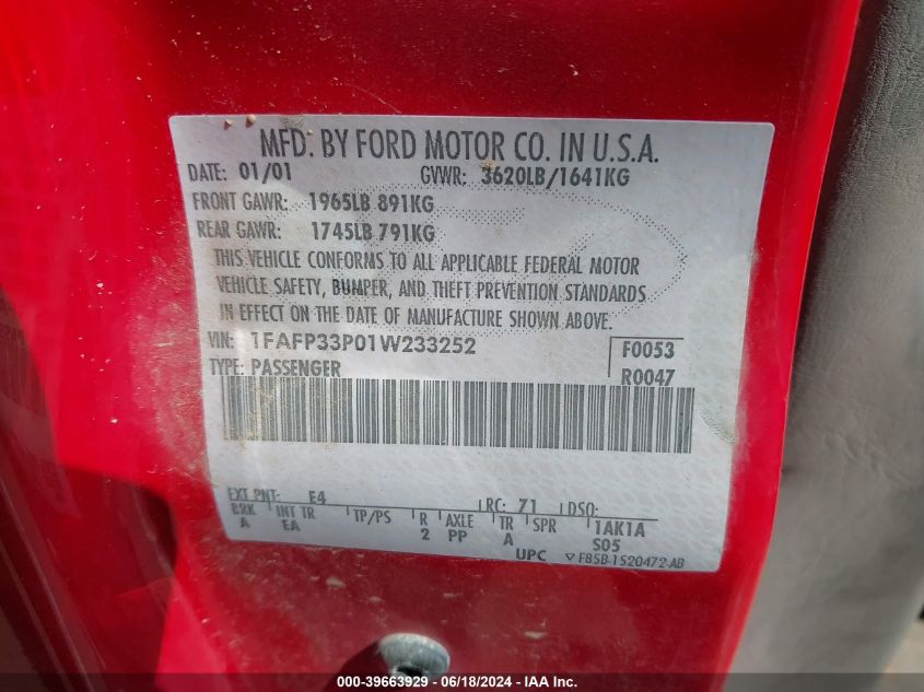 2001 Ford Focus Lx VIN: 1FAFP33P01W233252 Lot: 39663929