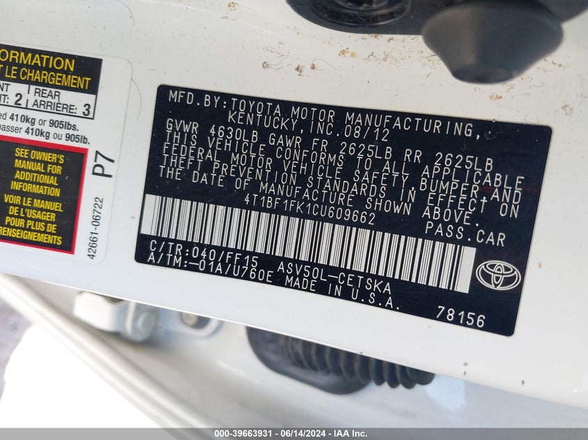 2012 Toyota Camry Se VIN: 4T1BF1FK1CU609662 Lot: 39663931