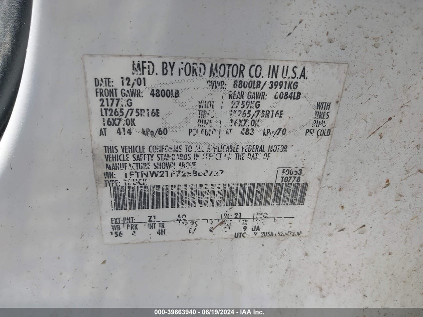 2002 Ford F-250 Lariat/Xl/Xlt VIN: 1FTNW21F72EB68727 Lot: 39663940