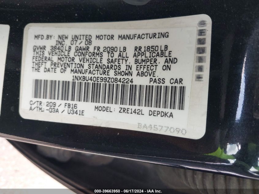 2009 Toyota Corolla Le VIN: 1NXBU40E99Z084224 Lot: 39663950