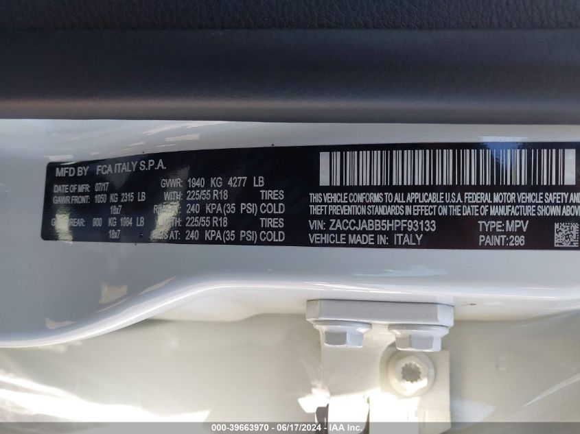 2017 Jeep Renegade Altitude Fwd VIN: ZACCJABB5HPF93133 Lot: 39663970