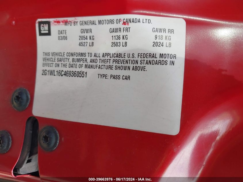 2006 Chevrolet Monte Carlo Ss VIN: 2G1WL16C469360551 Lot: 39663976