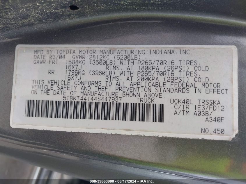 2004 Toyota Tundra Sr5 V8 VIN: 5TBKT44144S447937 Lot: 39663980