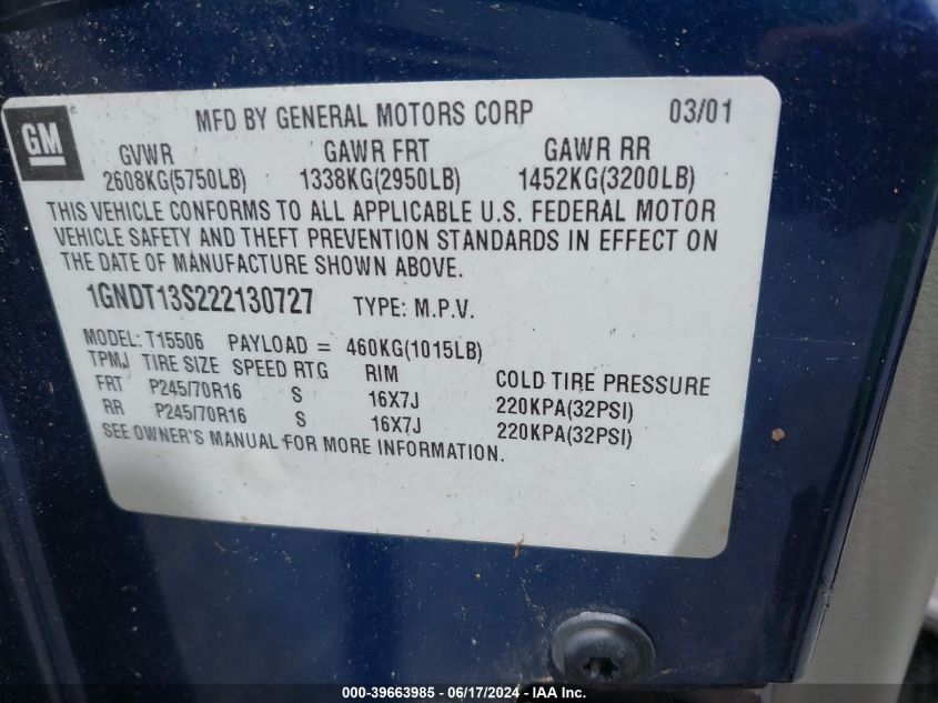 2002 Chevrolet Trailblazer Lt VIN: 1GNDT13S222130727 Lot: 39663985