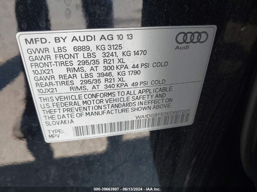 2014 Audi Q7 3.0T S Line Prestige VIN: WA1DGBFE3ED007207 Lot: 39663987