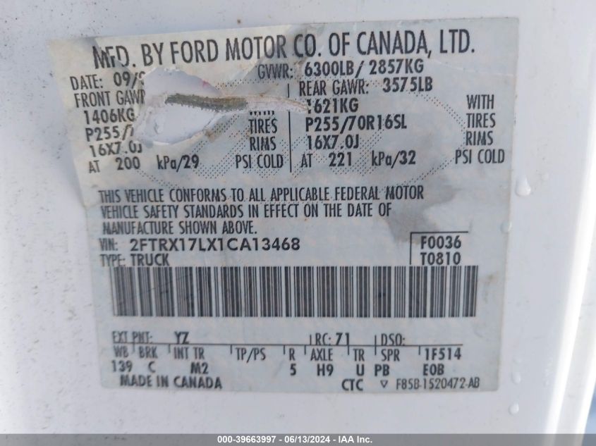 2001 Ford F-150 Lariat/Xl/Xlt VIN: 2FTRX17LX1CA13468 Lot: 39663997