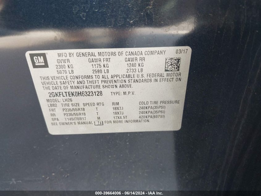 2017 GMC Terrain Sle-2 VIN: 2GKFLTEK0H6323128 Lot: 39664006