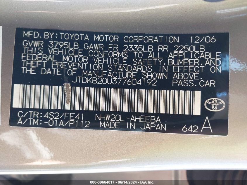 2007 Toyota Prius VIN: JTDKB20U377604192 Lot: 39664017