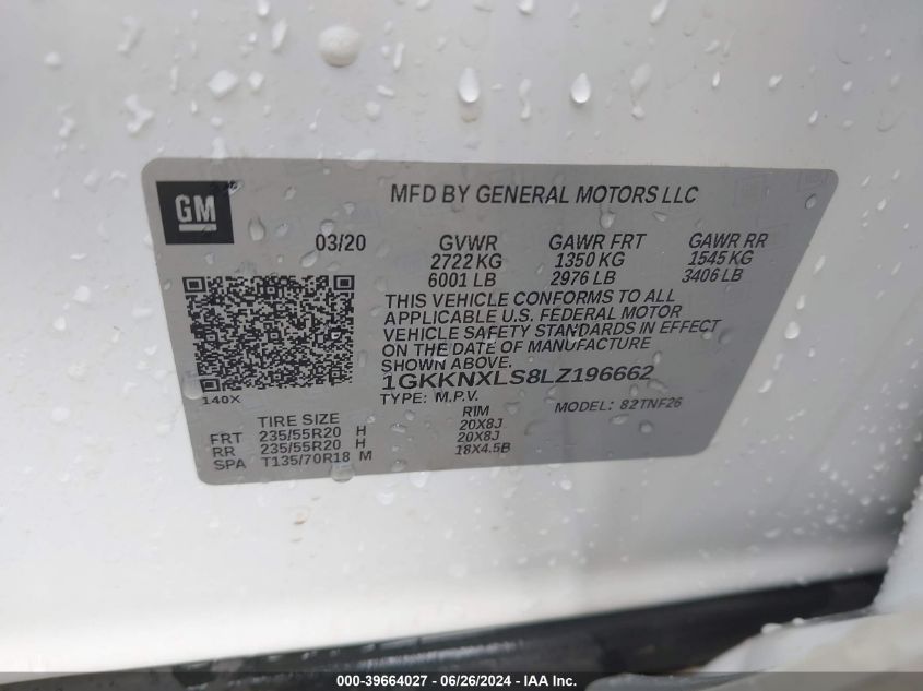 2020 GMC Acadia Awd Denali VIN: 1GKKNXLS8LZ196662 Lot: 39664027