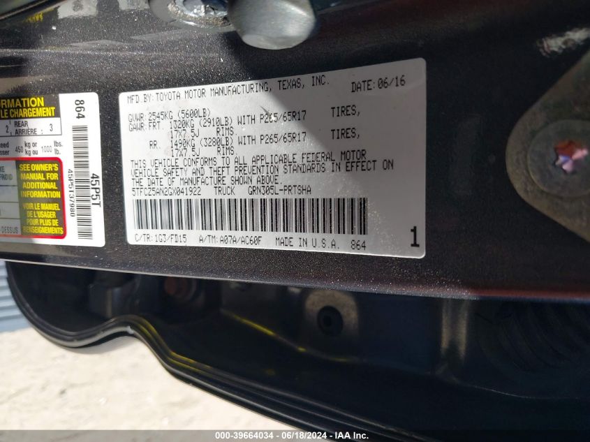 2016 Toyota Tacoma Trd Sport VIN: 5TFCZ5AN2GX041922 Lot: 39664034