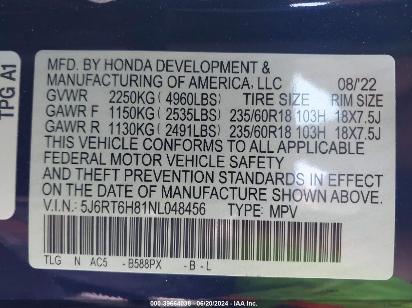 2022 Honda Cr-V Exl VIN: 5J6RT6H81NL048456 Lot: 39664038
