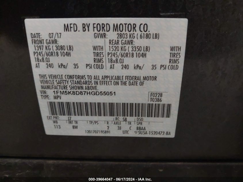 2017 Ford Explorer Xlt VIN: 1FM5K8D87HGD55051 Lot: 39664047