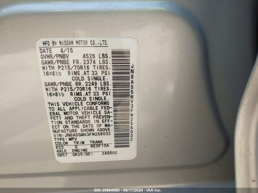 2015 Nissan Rogue Select S VIN: JN8AS5MV3FW256032 Lot: 39664060