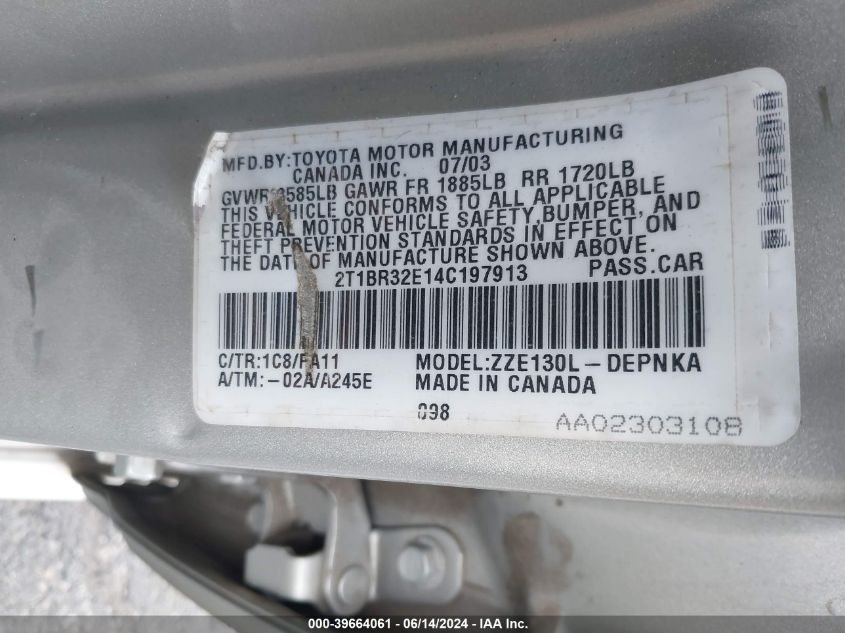 2004 Toyota Corolla Le VIN: 2T1BR32E14C197913 Lot: 39664061