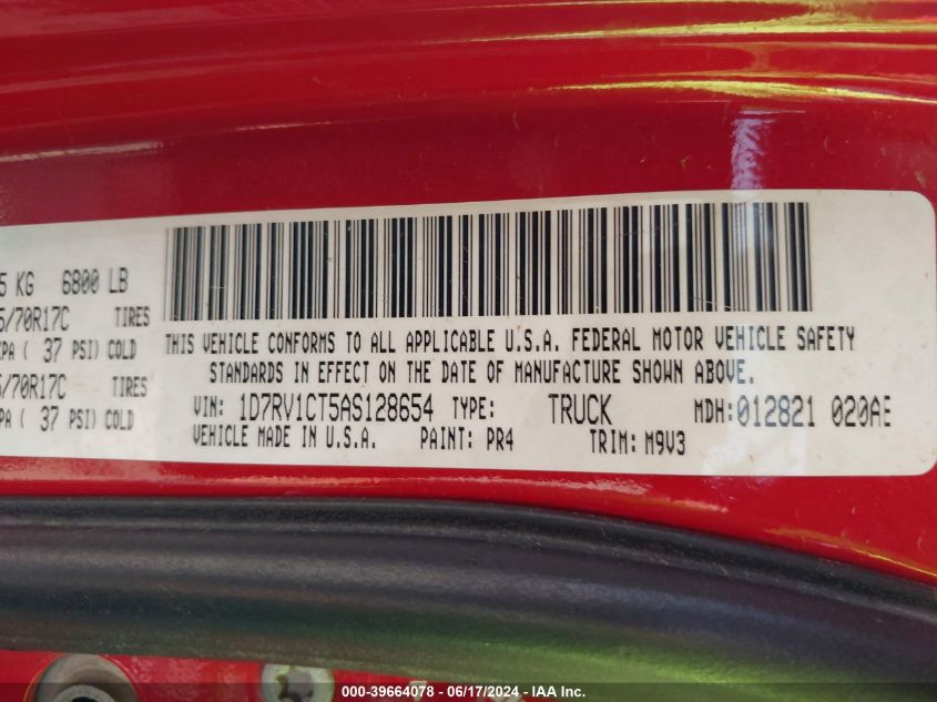 2010 Dodge Ram 1500 Slt/Sport/Trx VIN: 1D7RV1CT5AS128654 Lot: 39664078