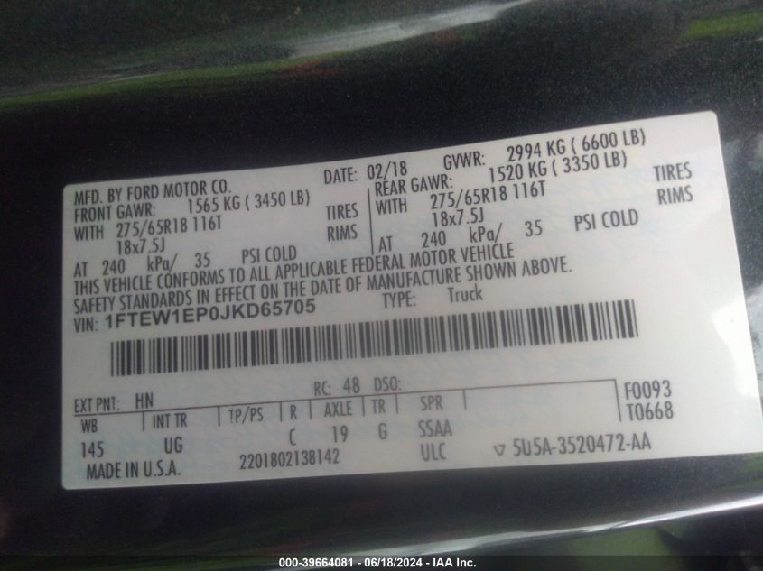 2018 Ford F-150 Xlt VIN: 1FTEW1EP0JKD65705 Lot: 39664081