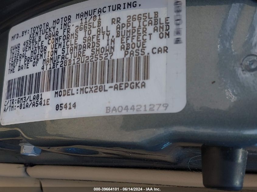 2002 Toyota Avalon Xls VIN: 4T1BF28B12U225527 Lot: 39664101