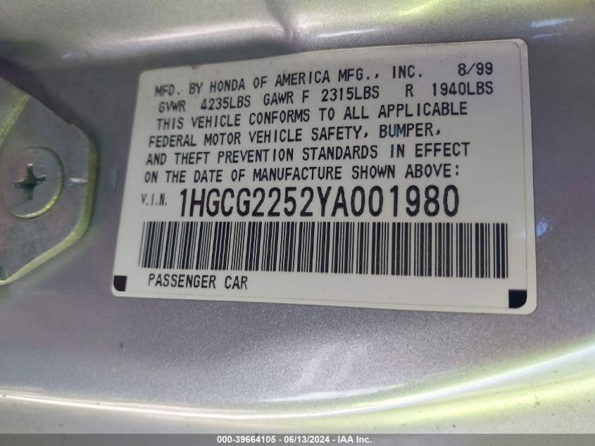 2000 Honda Accord 3.0 Ex VIN: 1HGCG2252YA001980 Lot: 39664105