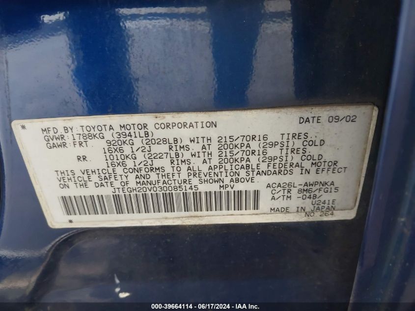 2003 Toyota Rav4 VIN: JTEGH20V030085145 Lot: 39664114