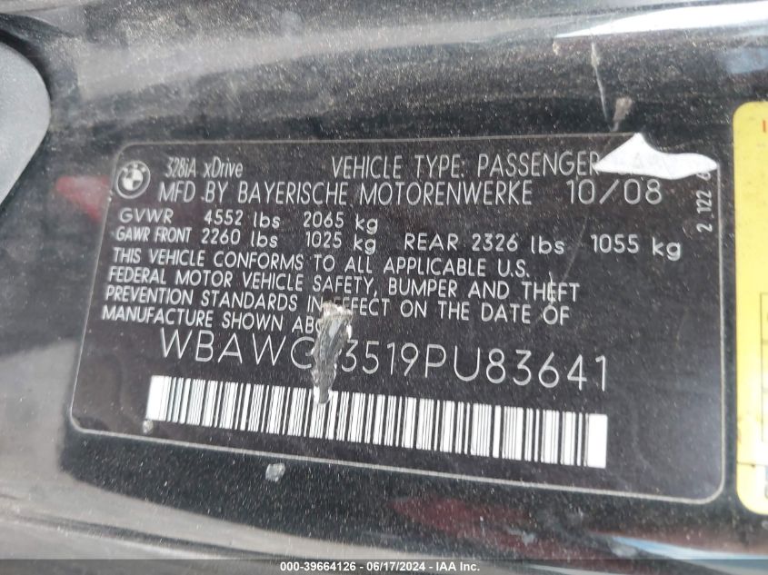 2009 BMW 328I xDrive VIN: WBAWC33519PU83641 Lot: 39664126