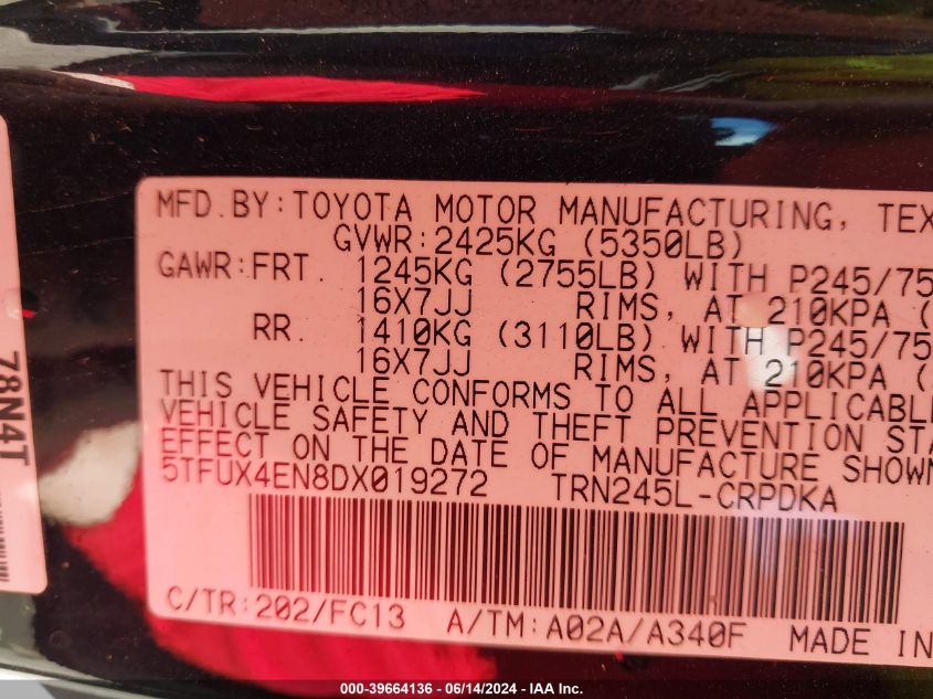 2013 Toyota Tacoma VIN: 5TFUX4EN8DX019272 Lot: 39664136