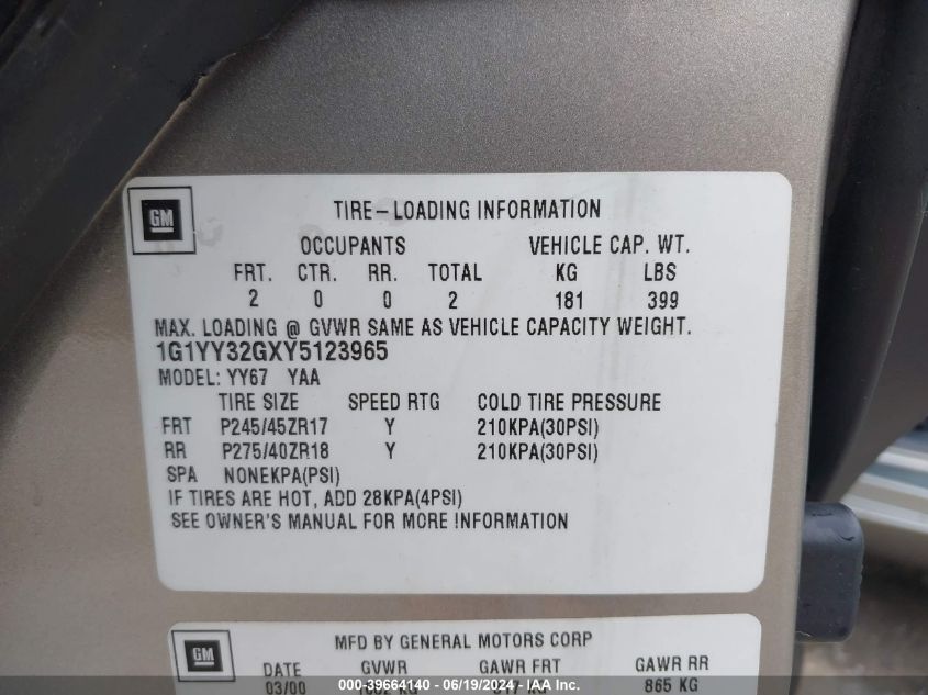 2000 Chevrolet Corvette VIN: 1G1YY32GXY5123965 Lot: 39664140