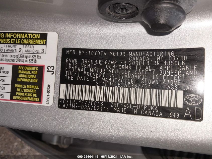 2010 Toyota Corolla Le VIN: 2T1BU4EE3AC367734 Lot: 39664149