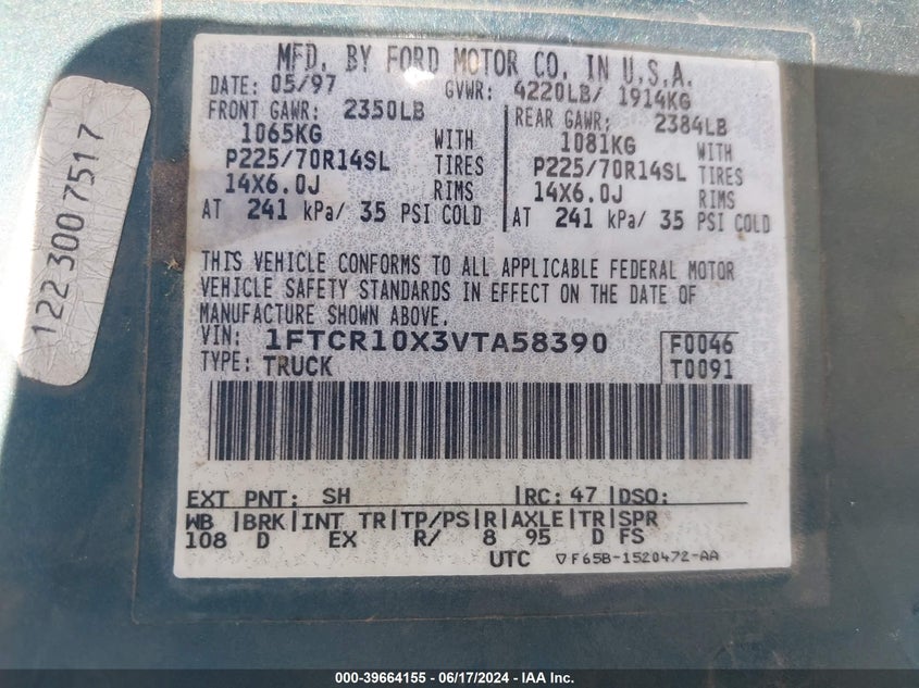 1997 Ford Ranger Splash/Xl/Xlt VIN: 1FTCR10X3VTA58390 Lot: 39664155