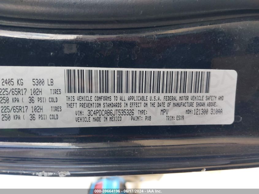 2018 Dodge Journey Se VIN: 3C4PDCAB6JT535326 Lot: 39664196