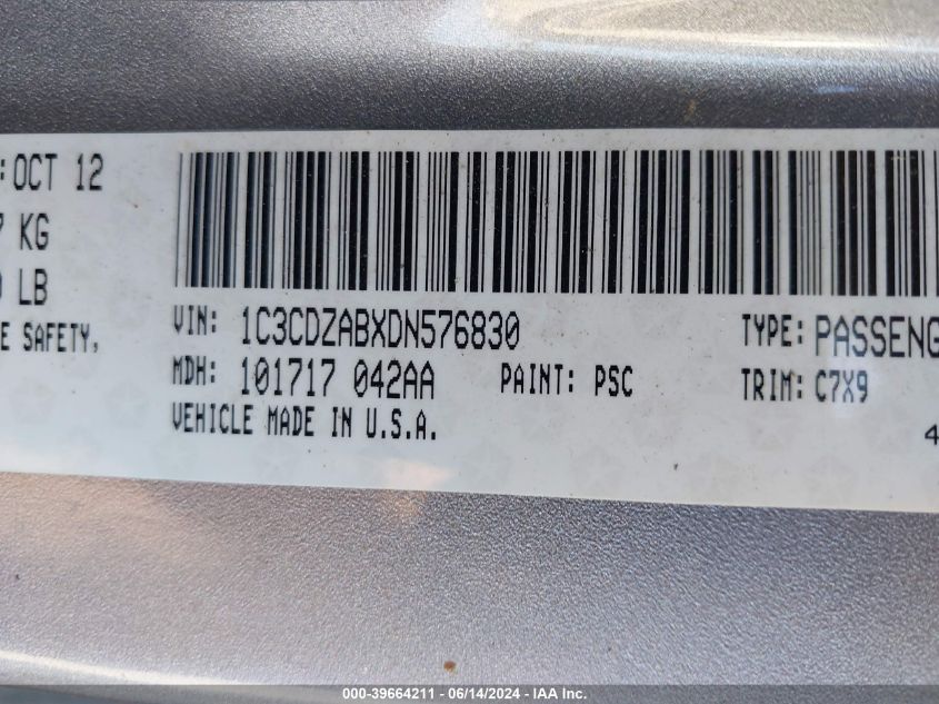 2013 Dodge Avenger Se VIN: 1C3CDZABXDN576830 Lot: 39664211