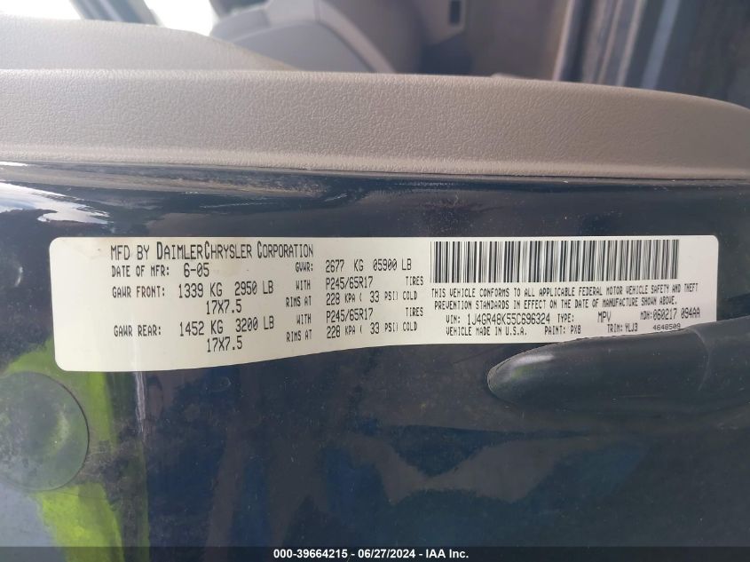 2005 Jeep Grand Cherokee Laredo VIN: 1J4GR48K55C696324 Lot: 39664215