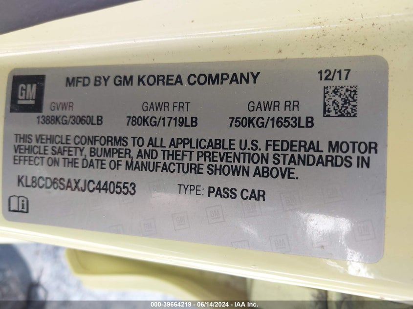 KL8CD6SAXJC440553 2018 Chevrolet Spark 1Lt Cvt