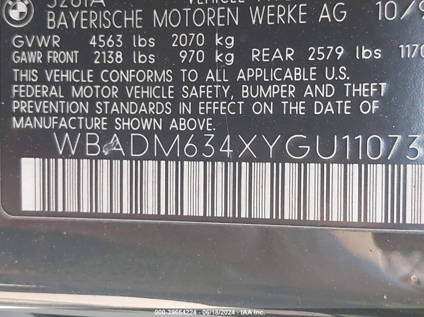 2000 BMW 528Ia VIN: WBADM634XYGU11073 Lot: 39664224