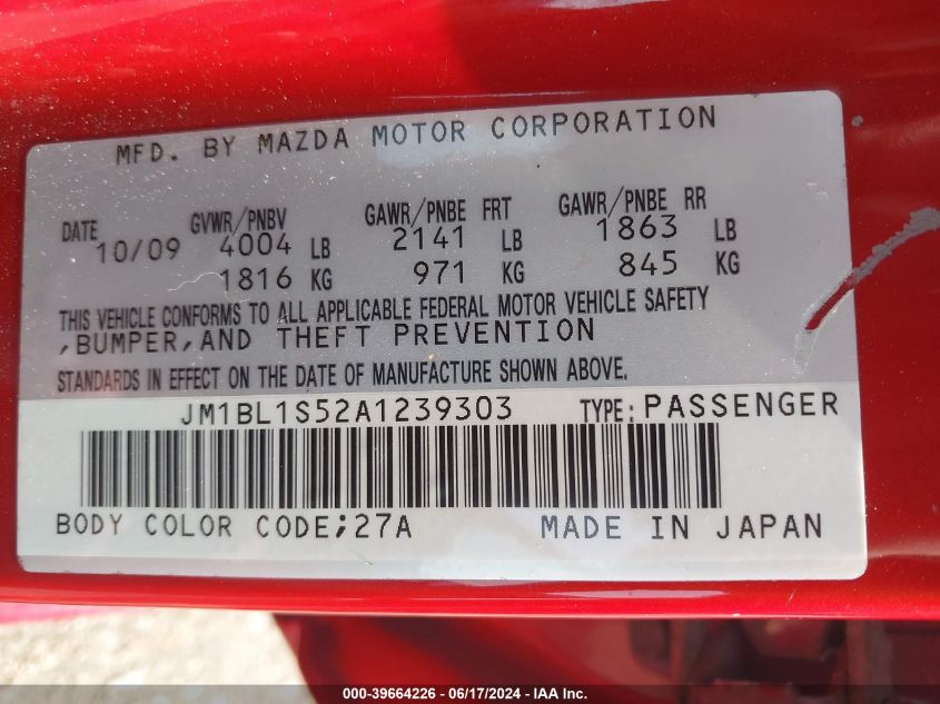 2010 Mazda Mazda3 S Grand Touring VIN: JM1BL1S52A1239303 Lot: 39664226