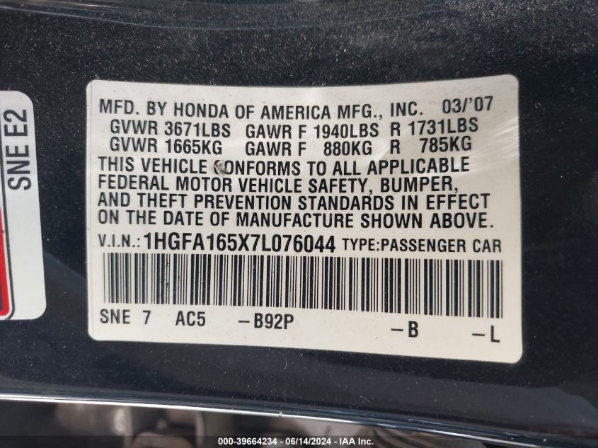 2007 Honda Civic Lx VIN: 1HGFA165X7L076044 Lot: 39664234