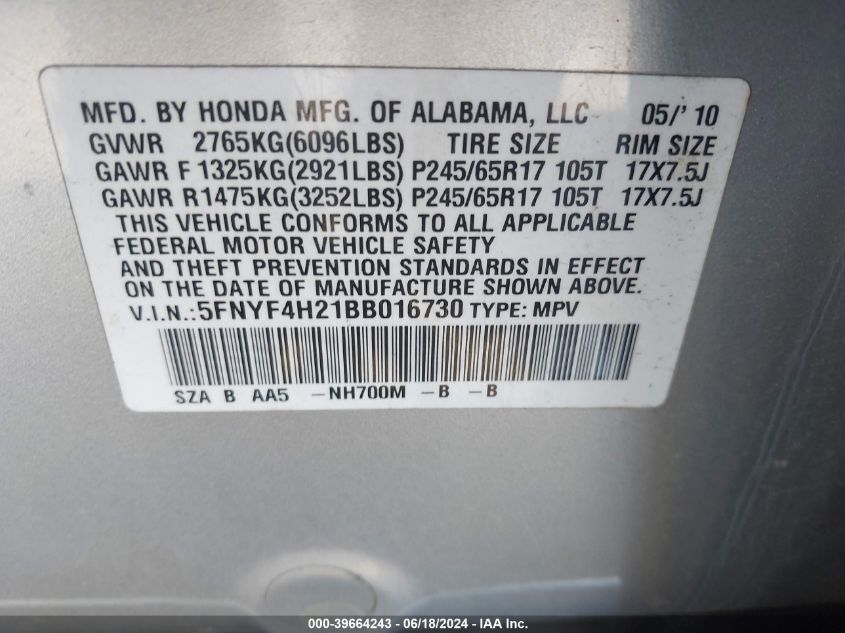 2011 Honda Pilot Lx VIN: 5FNYF4H21BB016730 Lot: 39664243