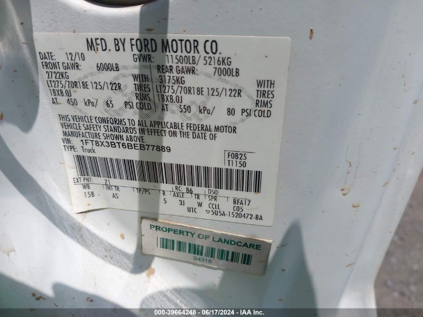 2011 Ford F-350 Xl VIN: 1FT8X3BT6BEB77889 Lot: 39664248
