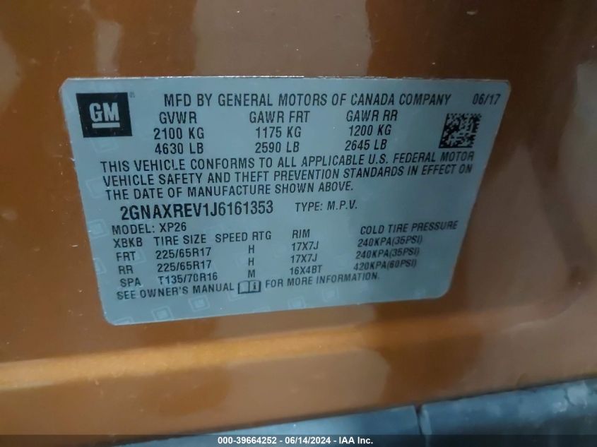 2018 Chevrolet Equinox Ls VIN: 2GNAXREV1J6161353 Lot: 39664252