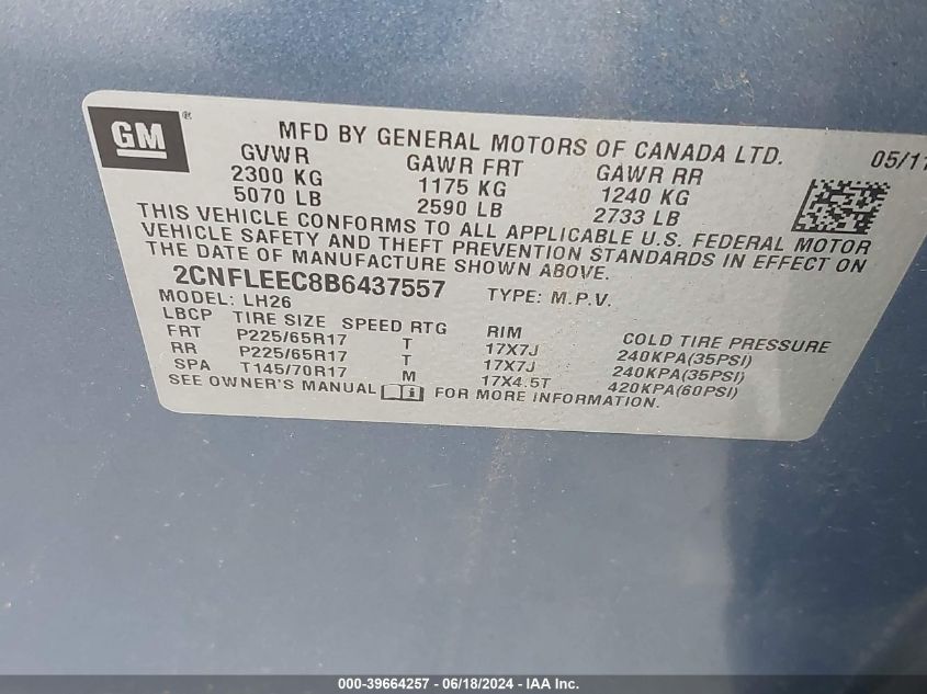 2011 Chevrolet Equinox 1Lt VIN: 2CNFLEEC8B6437557 Lot: 39664257