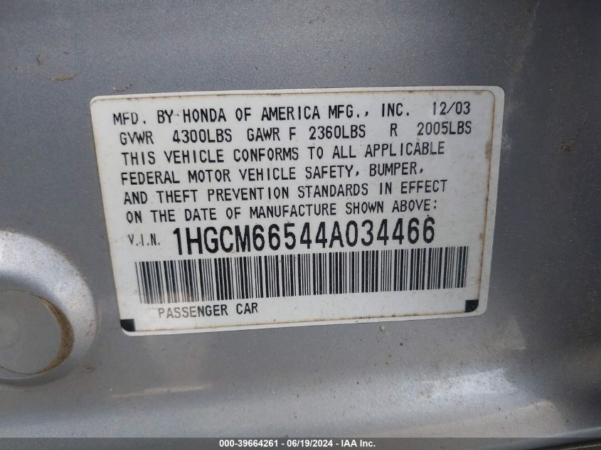 2004 Honda Accord 3.0 Ex VIN: 1HGCM66544A034466 Lot: 39664261