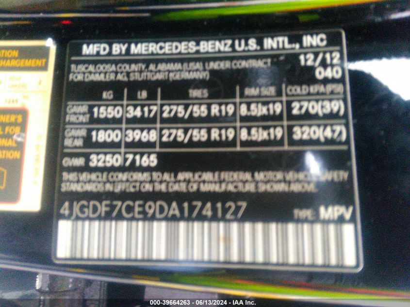 2013 Mercedes-Benz Gl 450 4Matic VIN: 4JGDF7CE9DA174127 Lot: 39664263