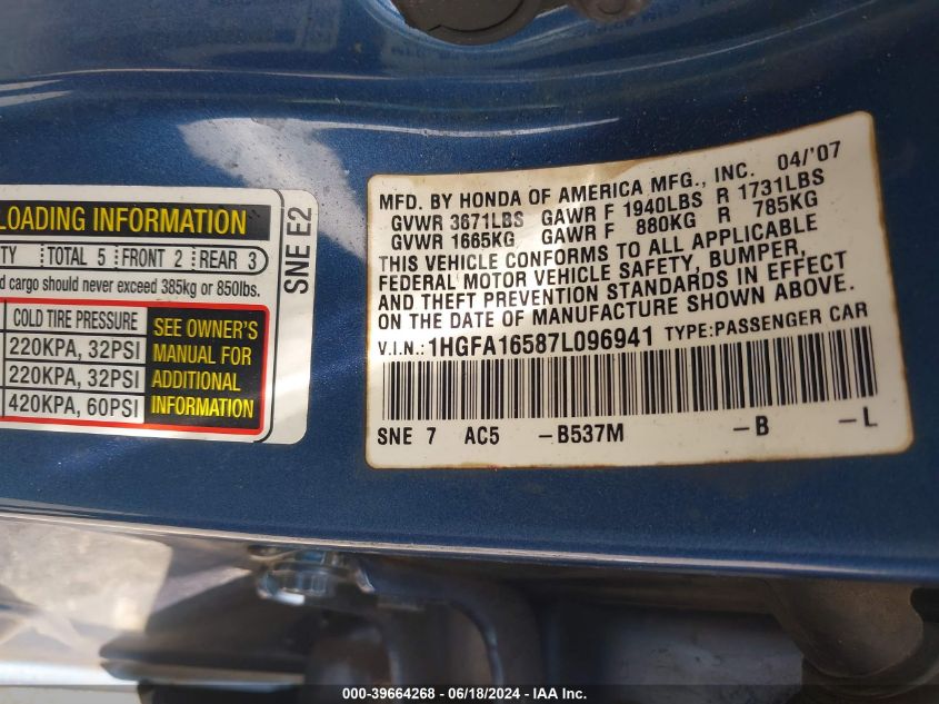 2007 Honda Civic Lx VIN: 1HGFA16587L096941 Lot: 39664268