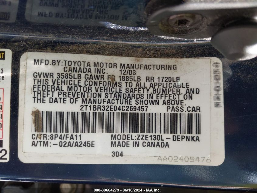 2004 Toyota Corolla Ce/Le/S VIN: 2T1BR32E04C269457 Lot: 39664279