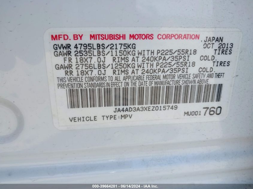 2014 Mitsubishi Outlander Se VIN: JA4AD3A3XEZ015749 Lot: 39664281