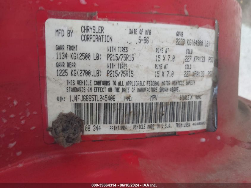 1996 Jeep Cherokee Sport/Classic VIN: 1J4FJ68S5TL245406 Lot: 39664314