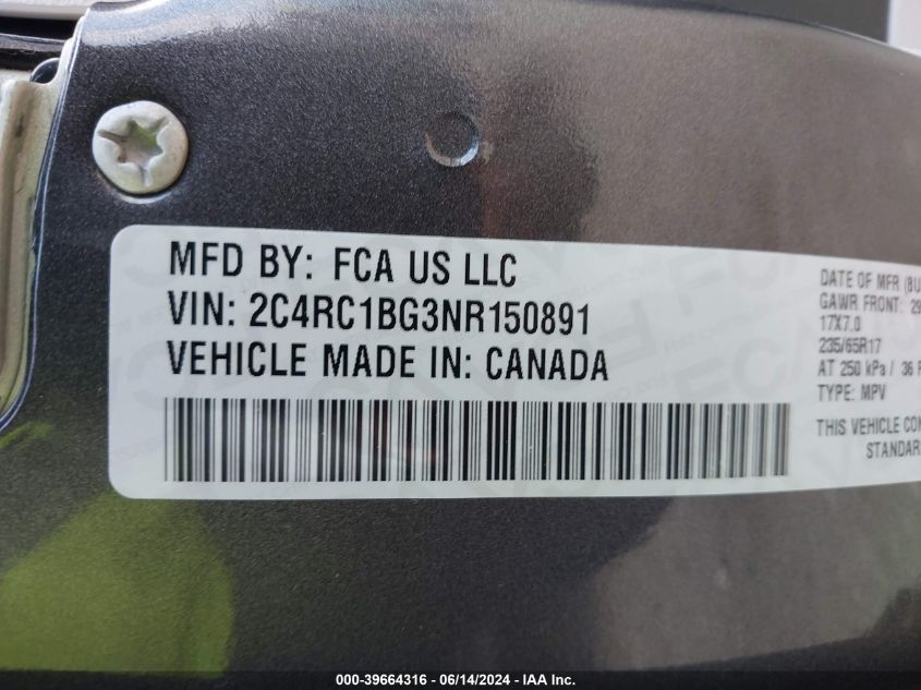 2022 Chrysler Pacifica Touring L VIN: 2C4RC1BG3NR150891 Lot: 39664316